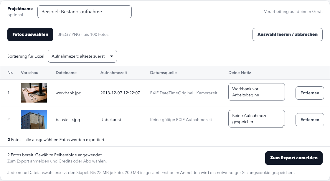 Echte Foto-Excel-Vorschau mit zwei Beispielfotos, Aufnahmezeit und eigenen Notizen.